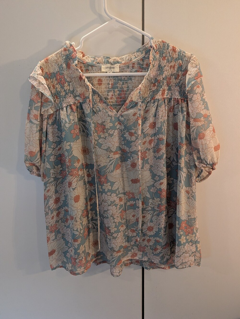 Umgee Floral Smocked Yoke Blouse in Light Blue and Coral
